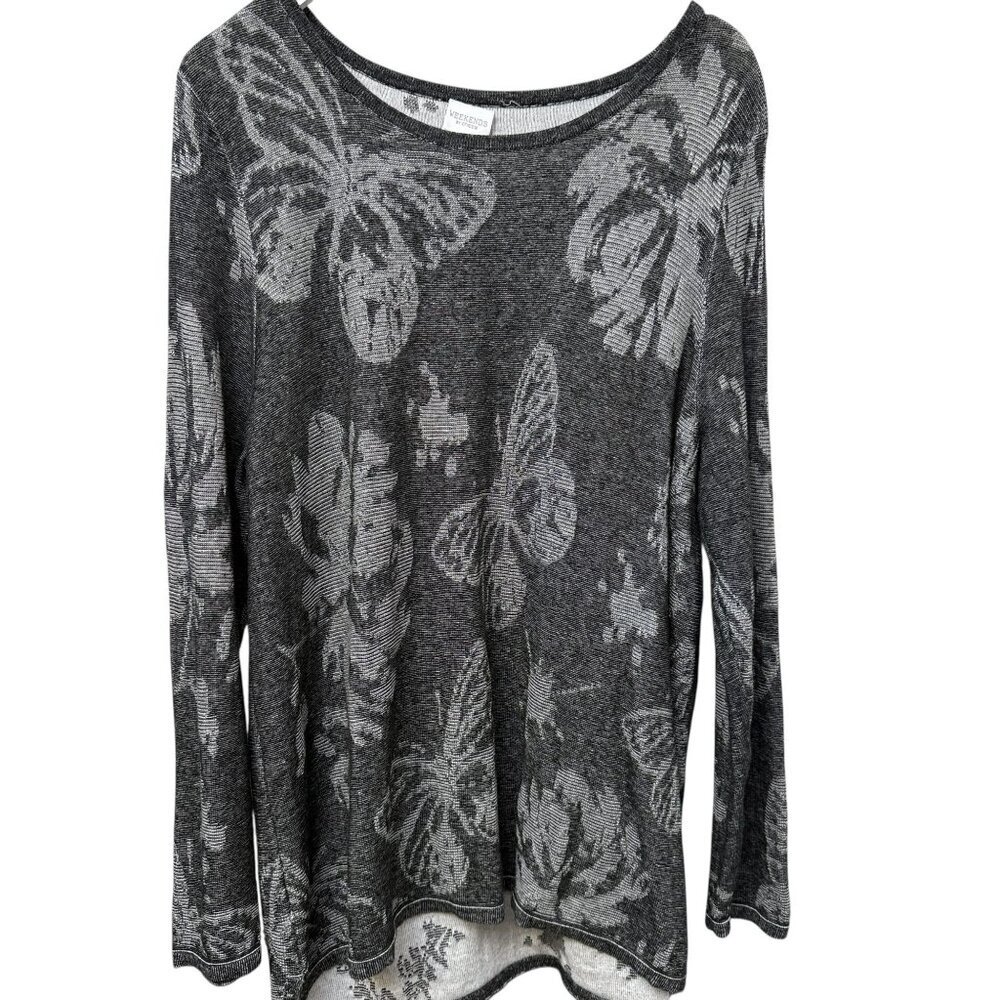 CHICO'S Weekend Womens Sweater XL Gray Butterfly Floral Cotton Knit Pullover